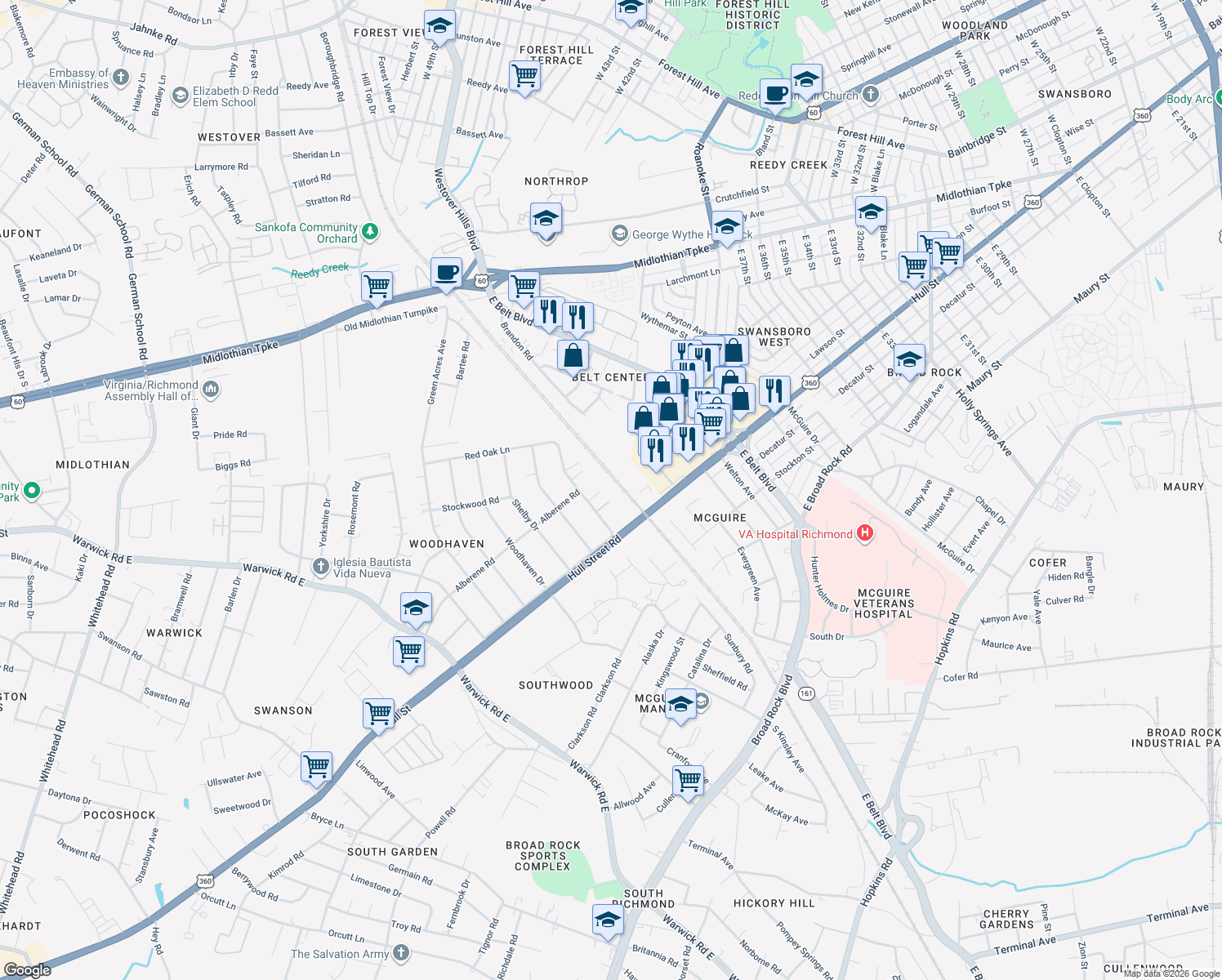 map of restaurants, bars, coffee shops, grocery stores, and more near 919 Arizona Court in Richmond