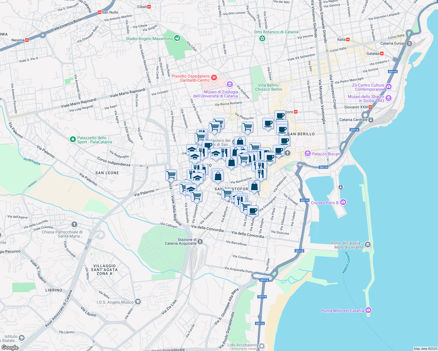 map of restaurants, bars, coffee shops, grocery stores, and more near 1-31 Via Velis in Catania