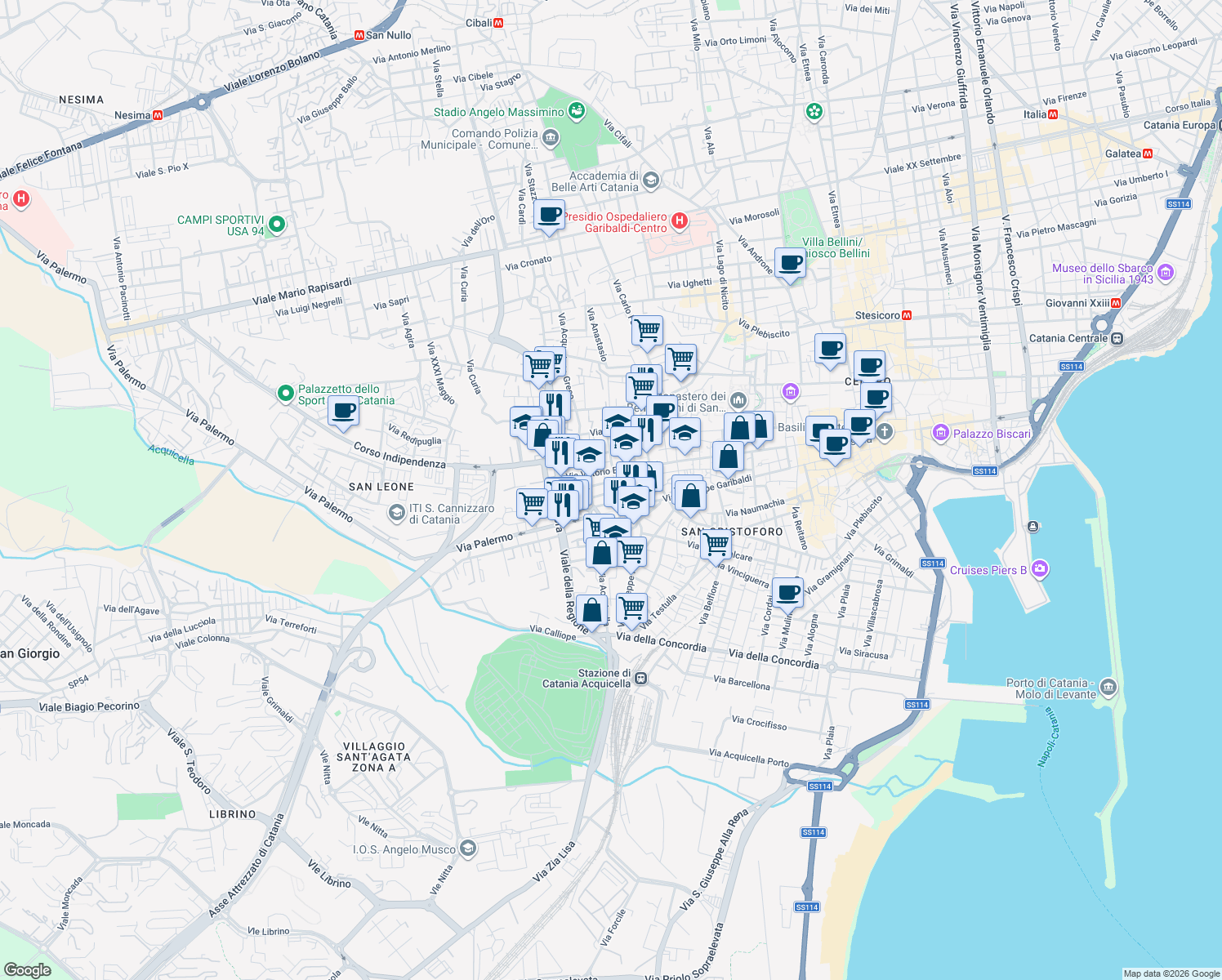 map of restaurants, bars, coffee shops, grocery stores, and more near 17 Via Giuseppe Garibaldi in Catania