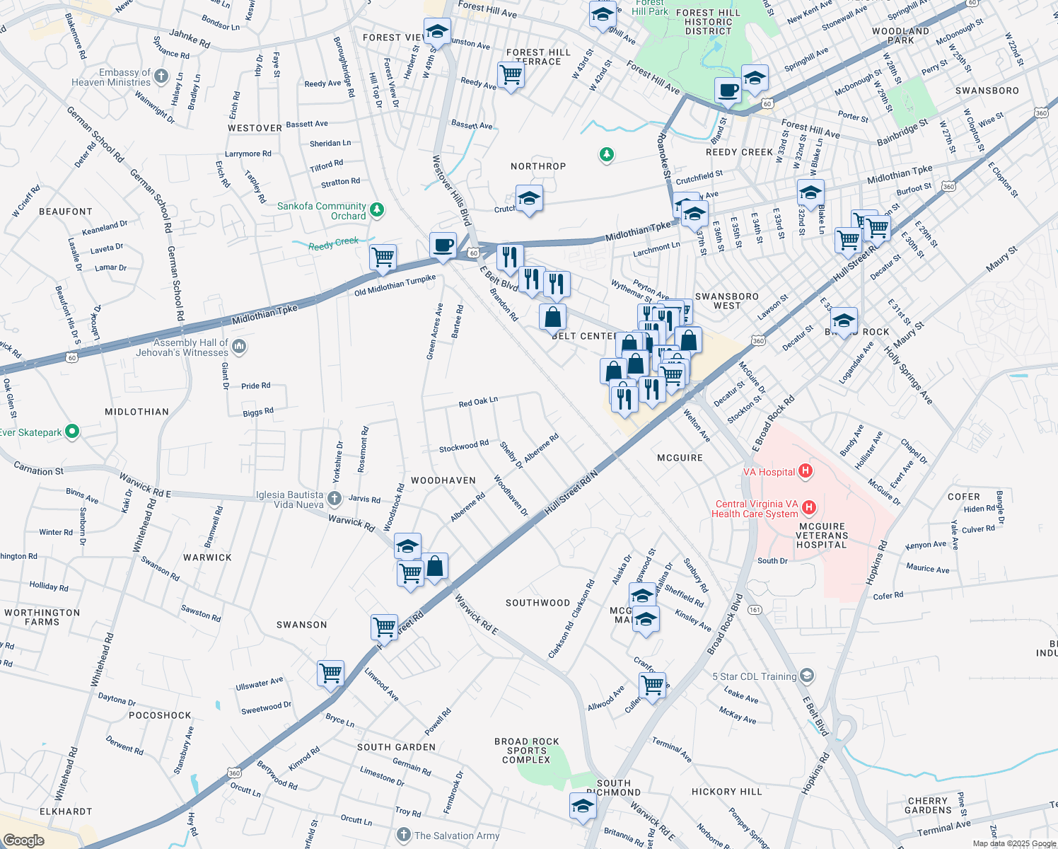 map of restaurants, bars, coffee shops, grocery stores, and more near 637 Dixon Drive in Richmond