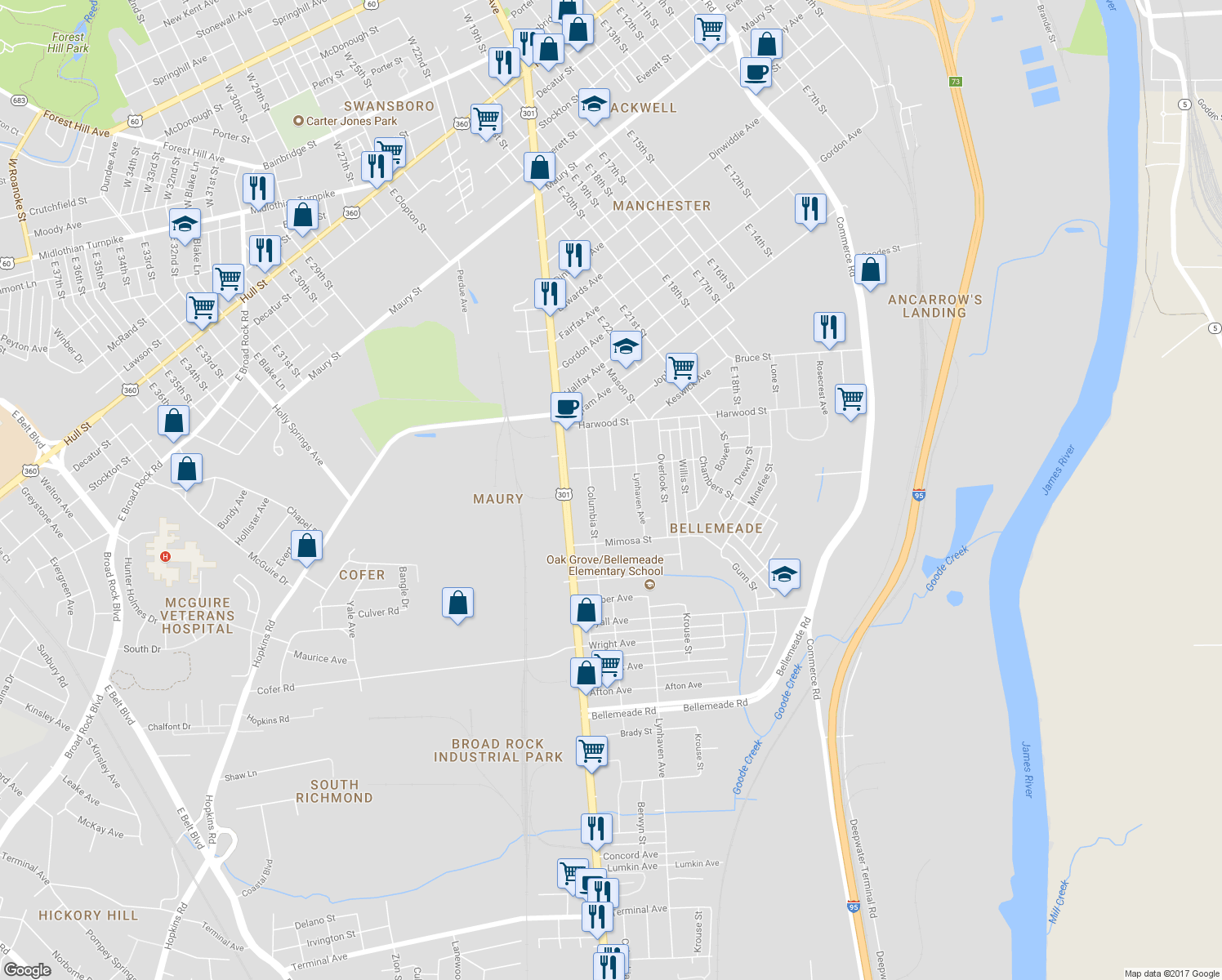 map of restaurants, bars, coffee shops, grocery stores, and more near 1415 Enfield Avenue in Richmond