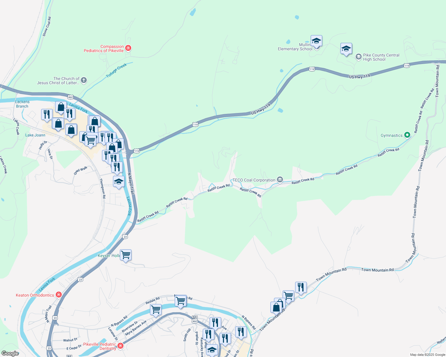 map of restaurants, bars, coffee shops, grocery stores, and more near 1-299 Evergreen Lane in Pikeville