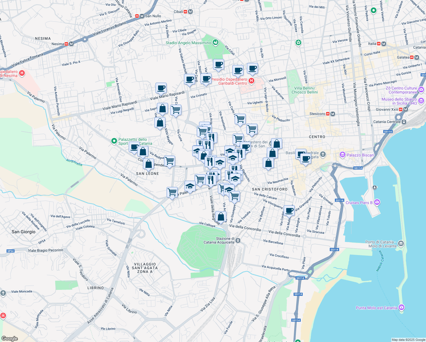 map of restaurants, bars, coffee shops, grocery stores, and more near 635 Via Vittorio Emanuele II in Catania