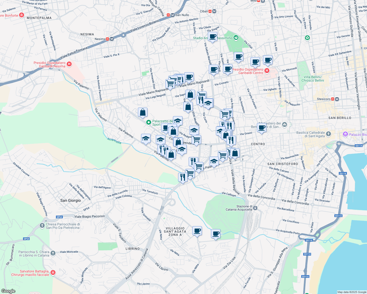 map of restaurants, bars, coffee shops, grocery stores, and more near 7 Via A. la Marmora in Catania