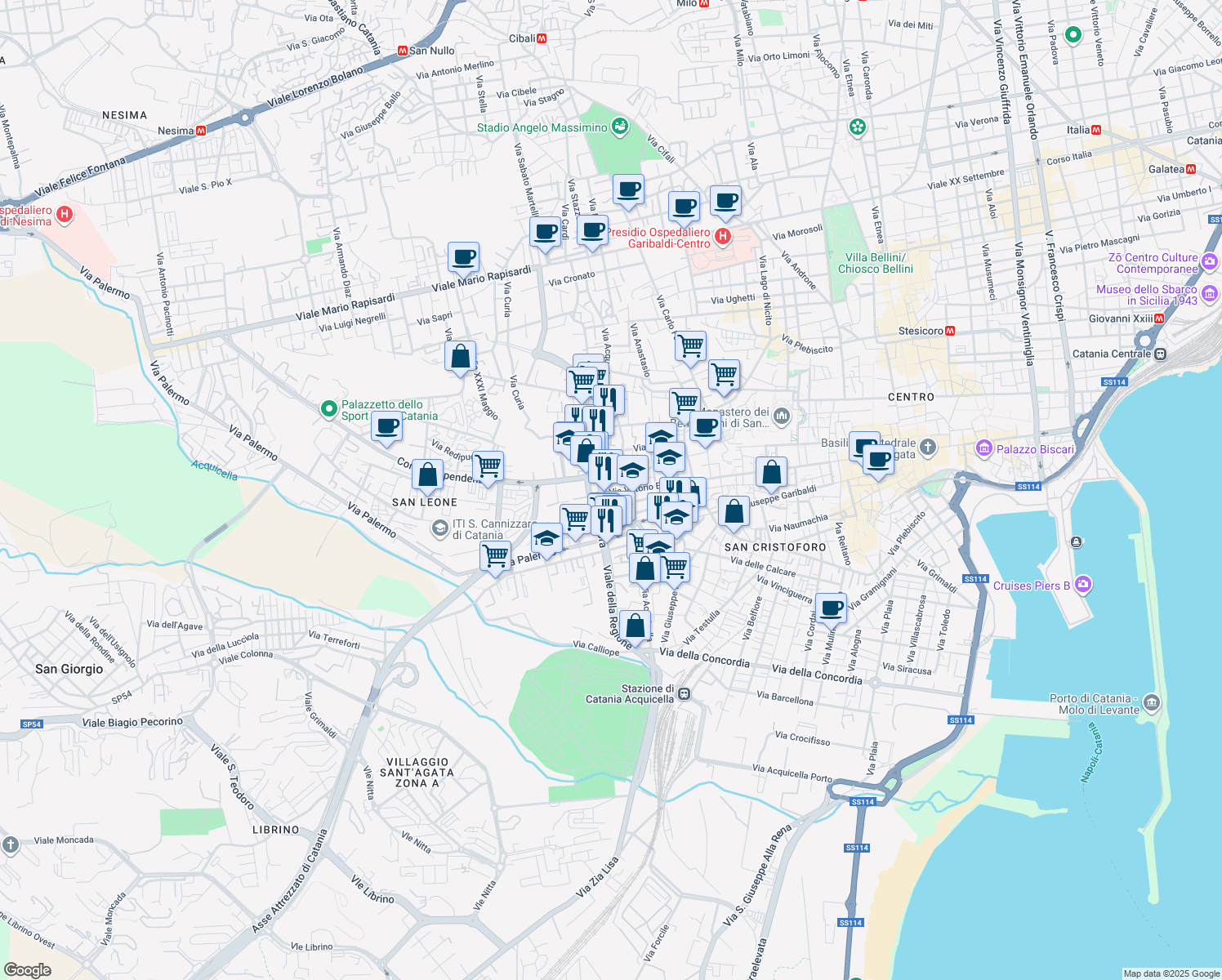 map of restaurants, bars, coffee shops, grocery stores, and more near 635 Via Vittorio Emanuele II in Catania