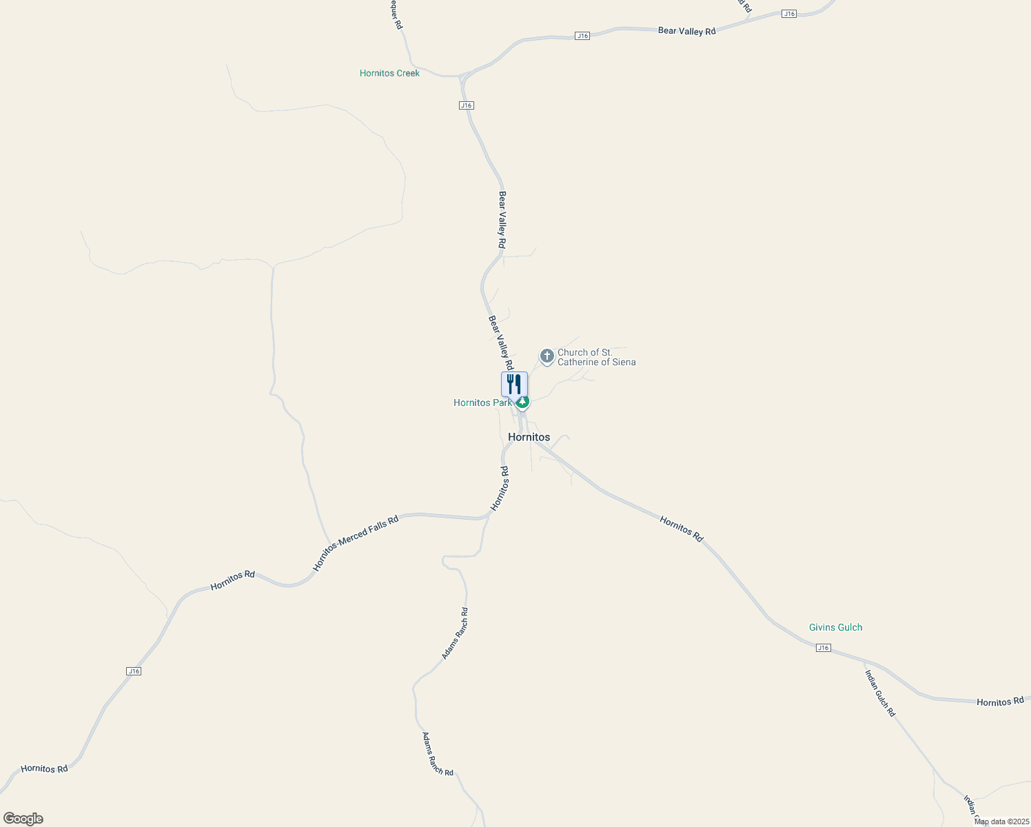 map of restaurants, bars, coffee shops, grocery stores, and more near 2877 Bear Valley Road in Hornitos