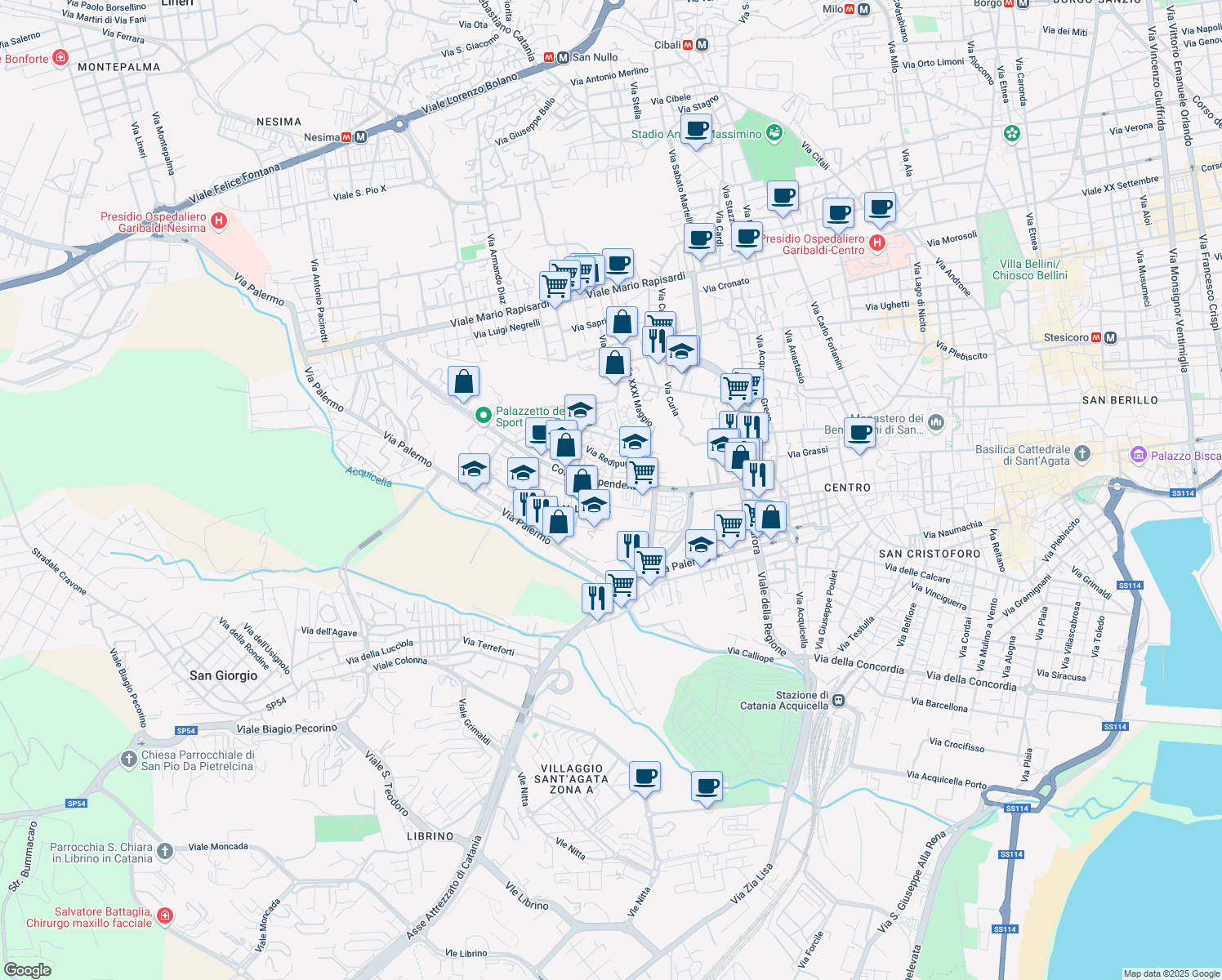 map of restaurants, bars, coffee shops, grocery stores, and more near 7 Via A. la Marmora in Catania