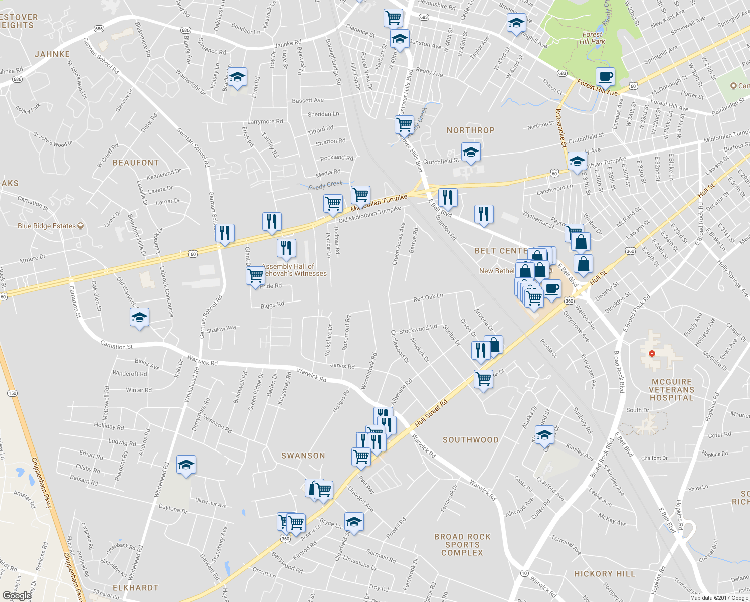 map of restaurants, bars, coffee shops, grocery stores, and more near 501 Woodstock Road in Richmond