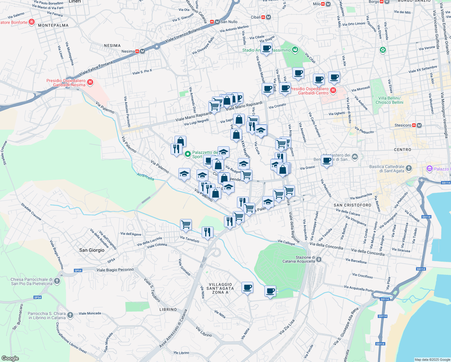 map of restaurants, bars, coffee shops, grocery stores, and more near 20 Via IV Fanteria in Catania