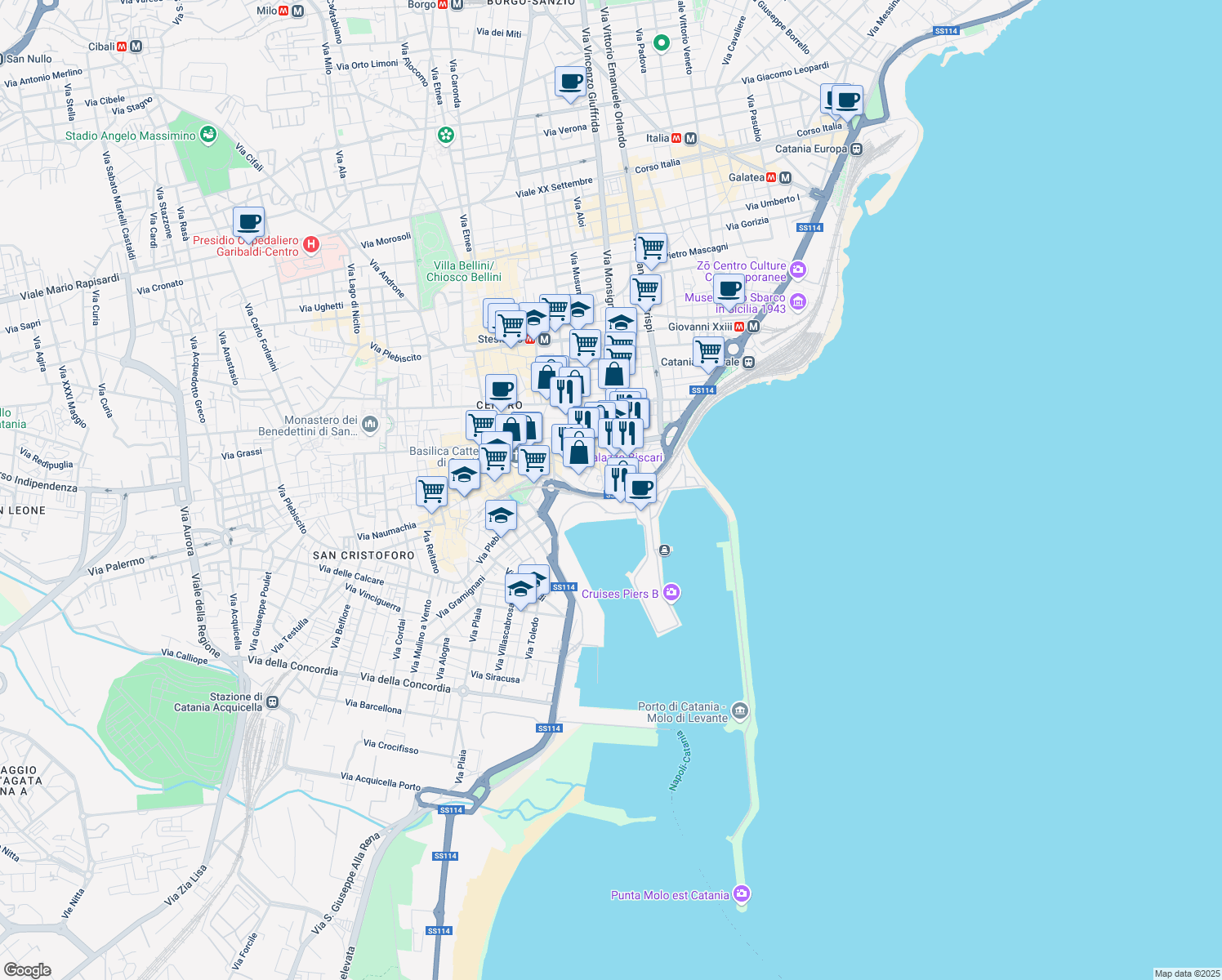 map of restaurants, bars, coffee shops, grocery stores, and more near 66 Via San Gaetano in Catania