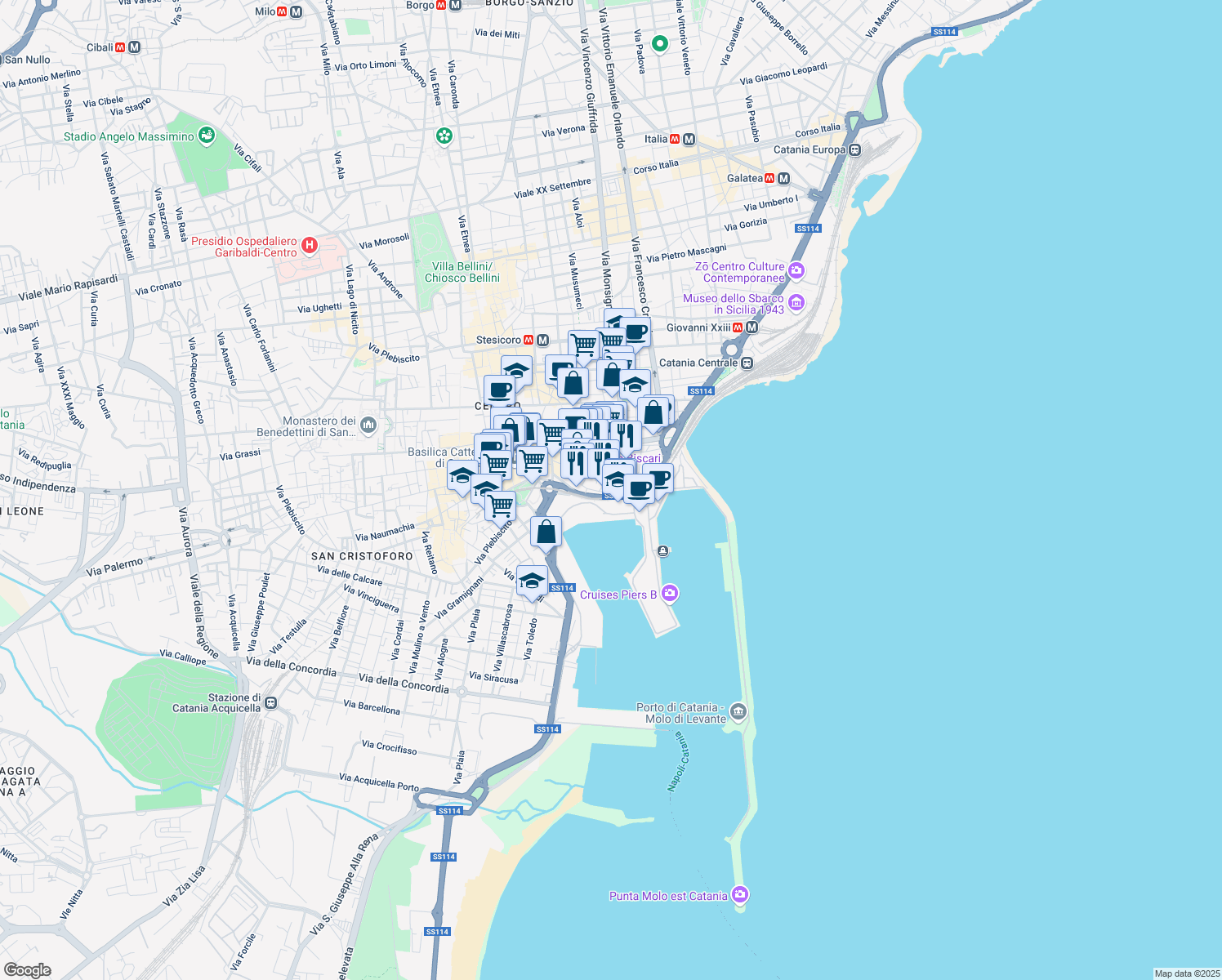 map of restaurants, bars, coffee shops, grocery stores, and more near 66 Via San Gaetano in Catania
