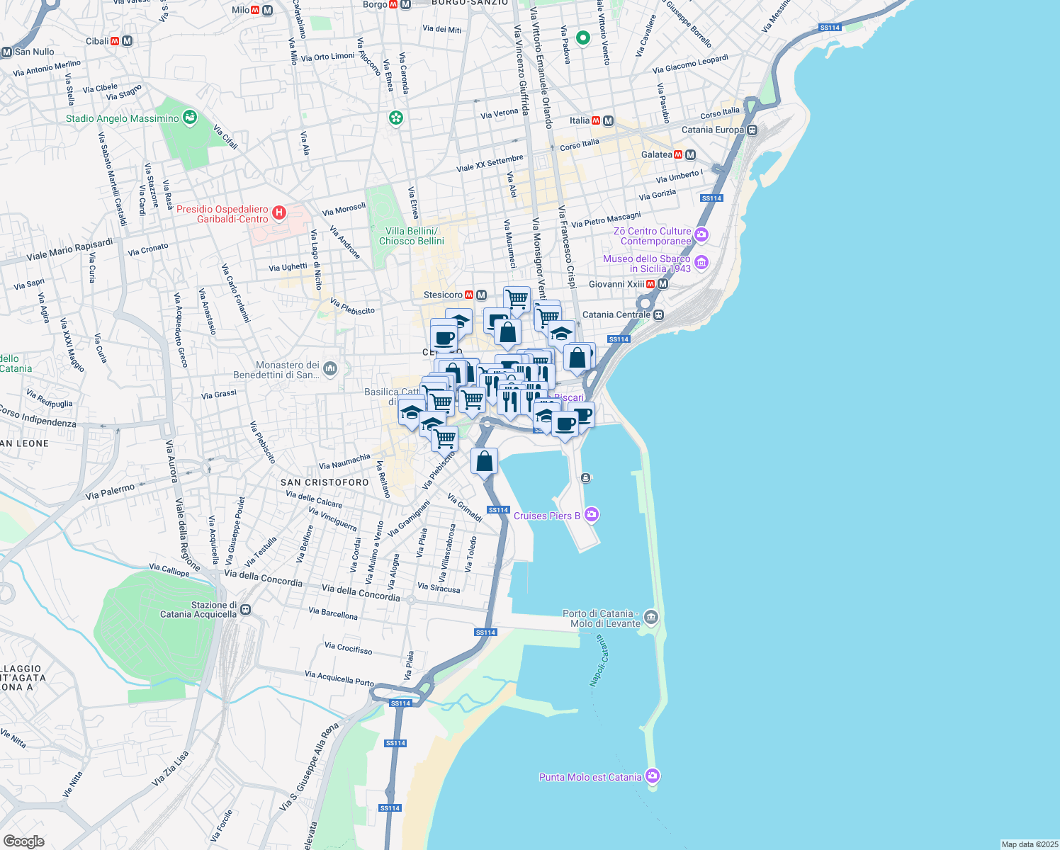 map of restaurants, bars, coffee shops, grocery stores, and more near 66 Via San Gaetano in Catania