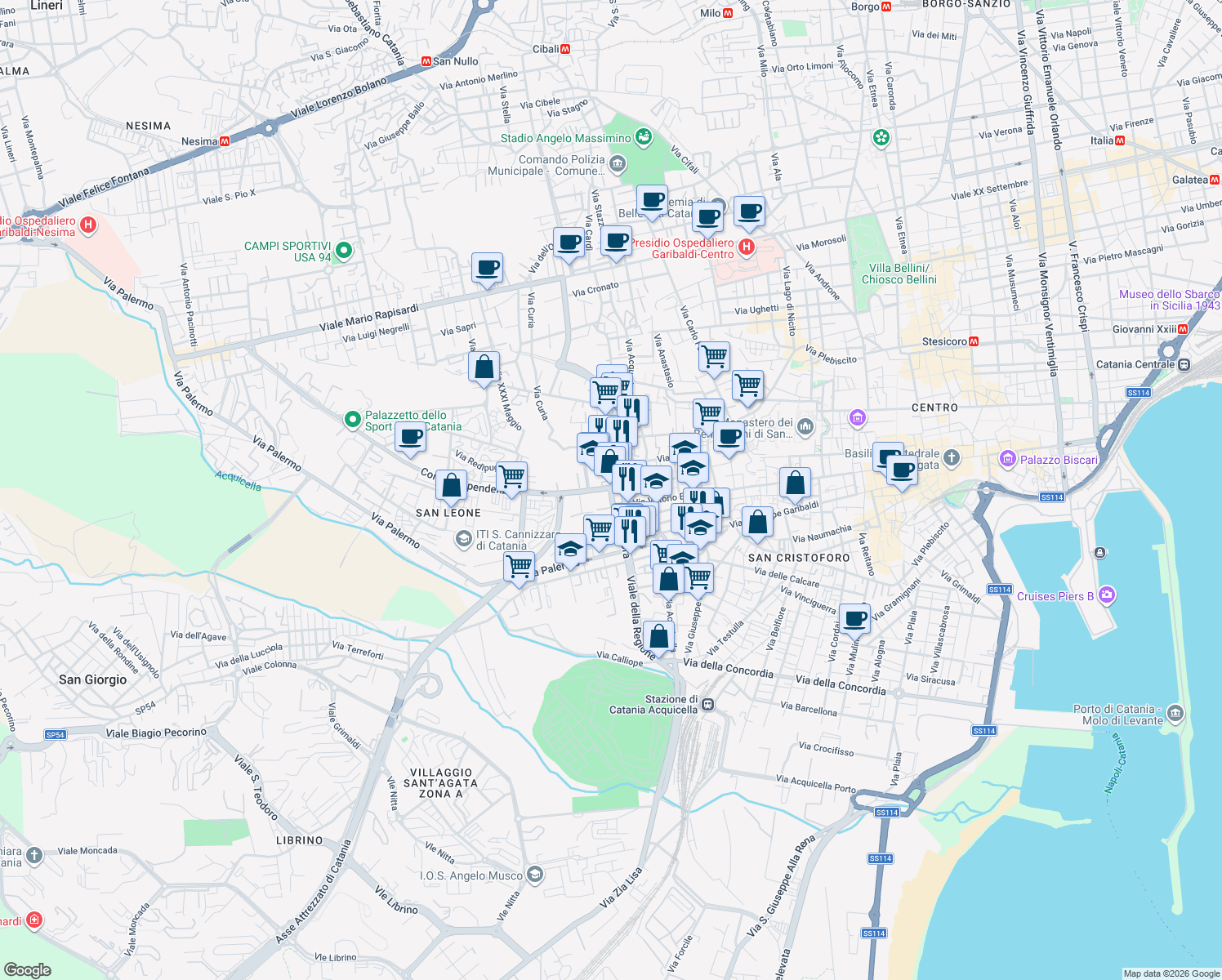 map of restaurants, bars, coffee shops, grocery stores, and more near 635 Via Vittorio Emanuele II in Catania