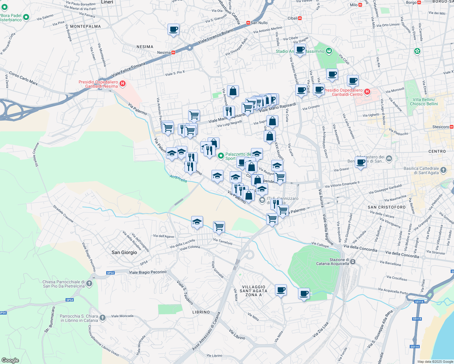 map of restaurants, bars, coffee shops, grocery stores, and more near 21 Via Carlo Pisacane in Catania