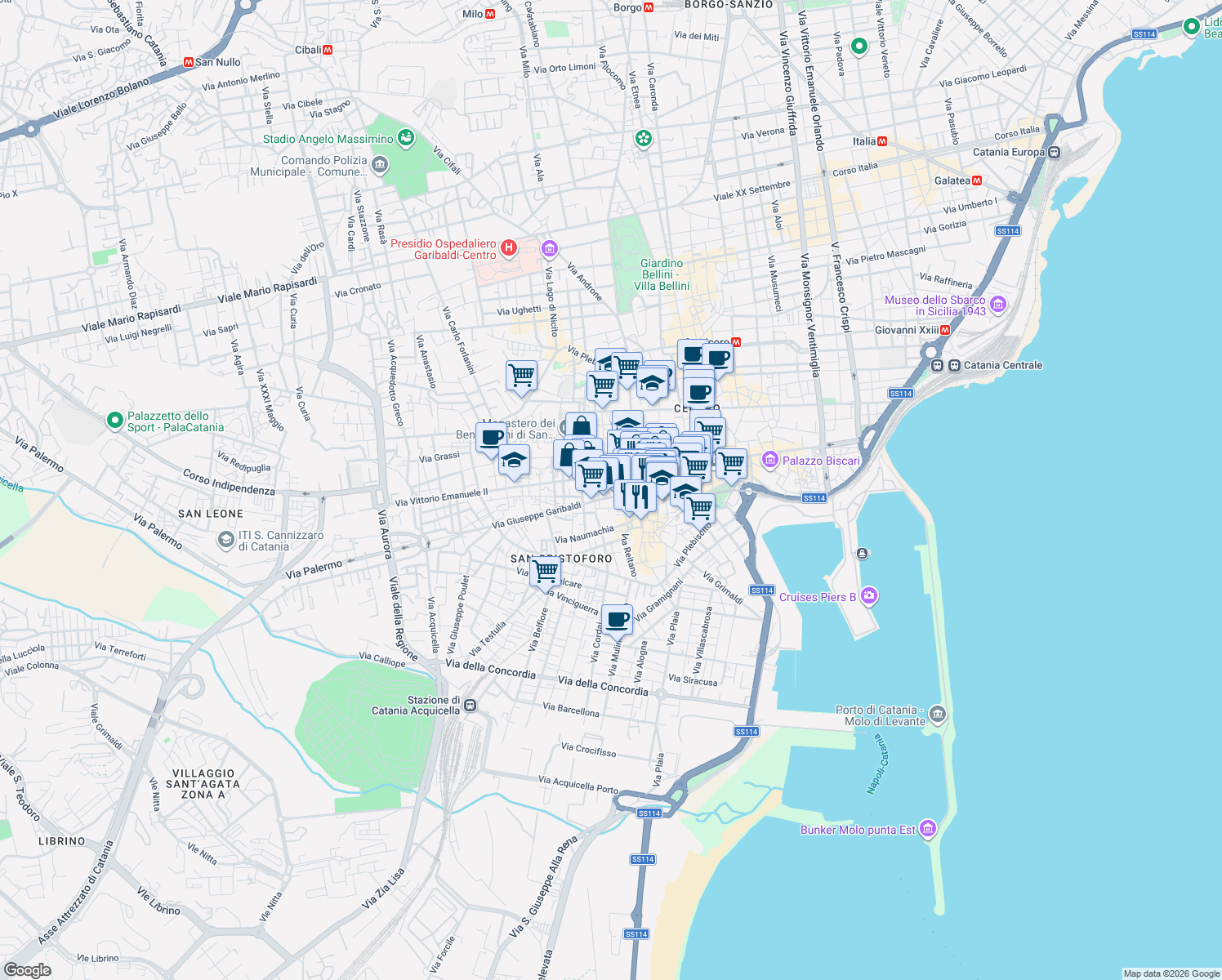 map of restaurants, bars, coffee shops, grocery stores, and more near 6-16 Via Politi in Catania