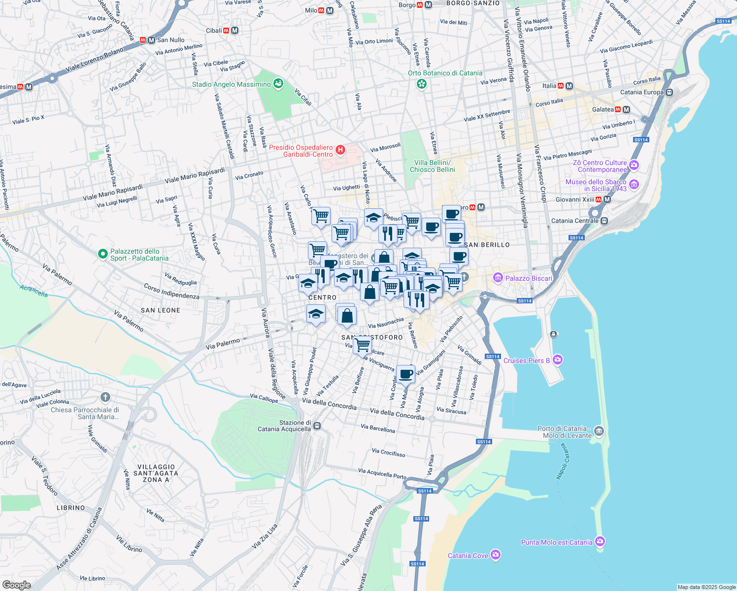 map of restaurants, bars, coffee shops, grocery stores, and more near 30 Via della Palma in Catania