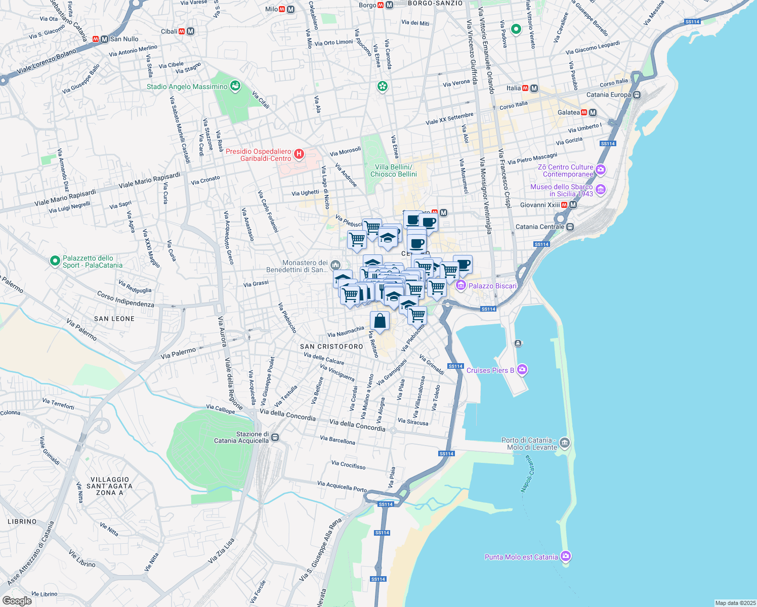 map of restaurants, bars, coffee shops, grocery stores, and more near 84 Via Giuseppe Garibaldi in Catania