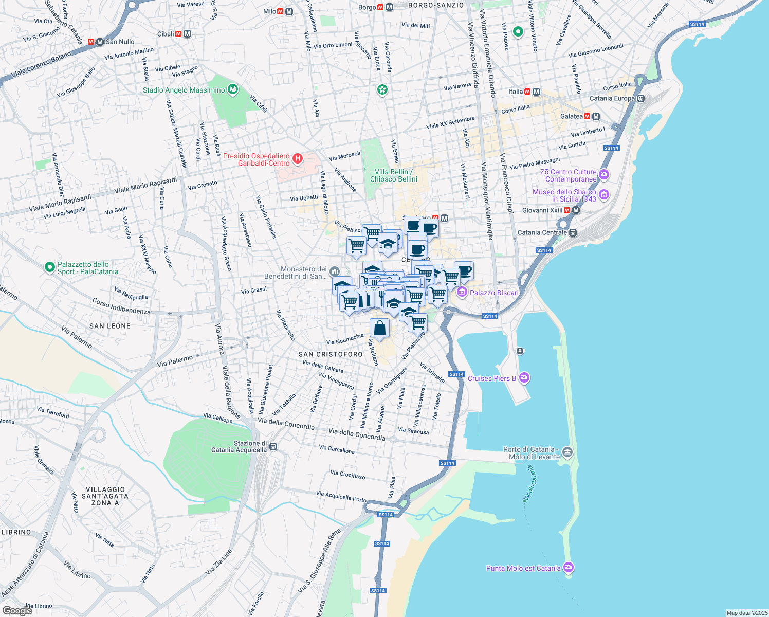 map of restaurants, bars, coffee shops, grocery stores, and more near 84 Via Giuseppe Garibaldi in Catania