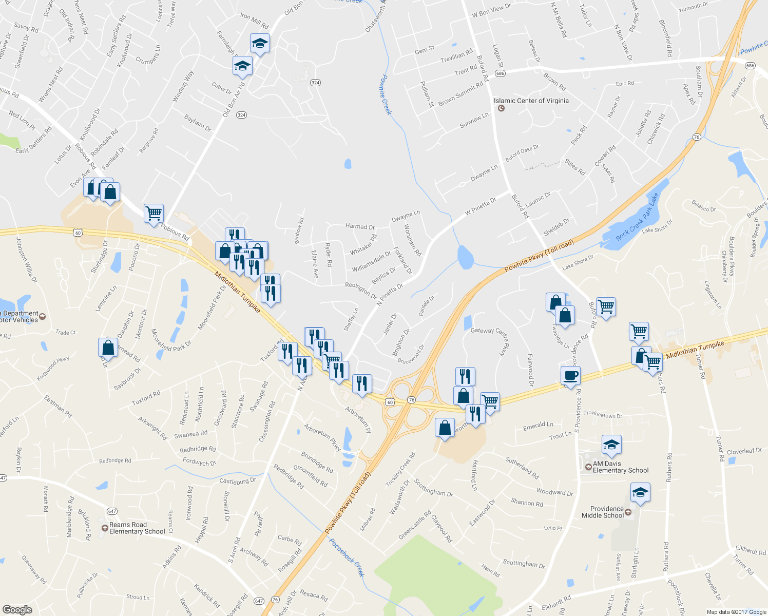 map of restaurants, bars, coffee shops, grocery stores, and more near 409 North Pinetta Drive in Richmond