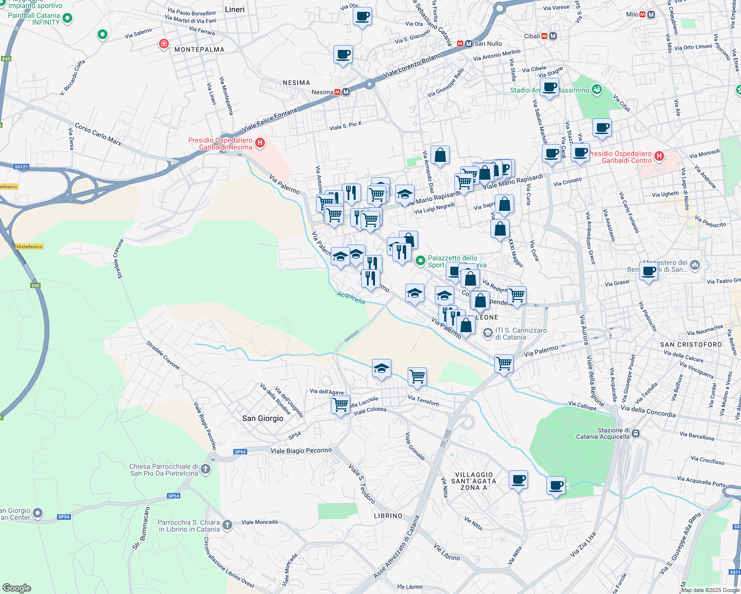 map of restaurants, bars, coffee shops, grocery stores, and more near 31 Via Giuseppe Tomasi di Lampedusa in Catania