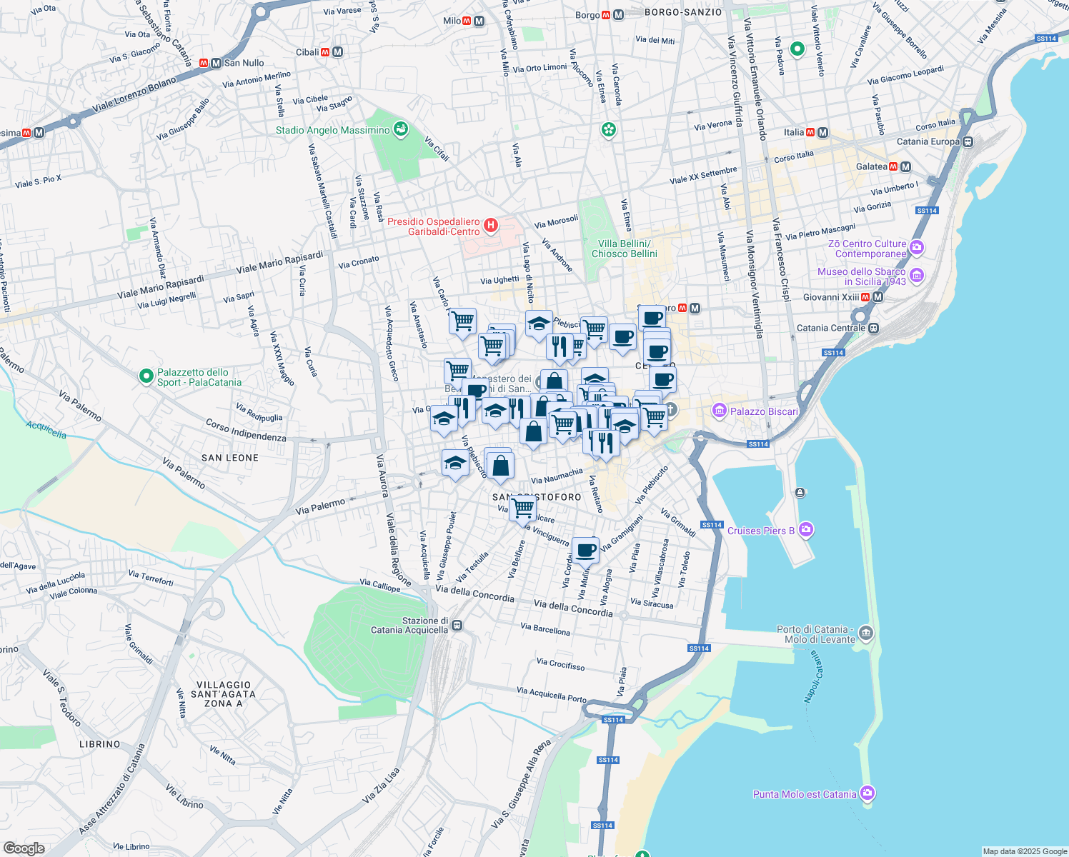 map of restaurants, bars, coffee shops, grocery stores, and more near 26-30 Via della Palma in Catania