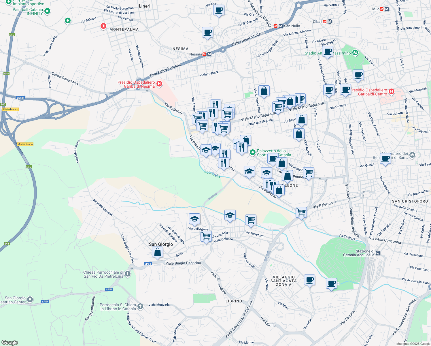 map of restaurants, bars, coffee shops, grocery stores, and more near 31 Via Giuseppe Tomasi di Lampedusa in Catania
