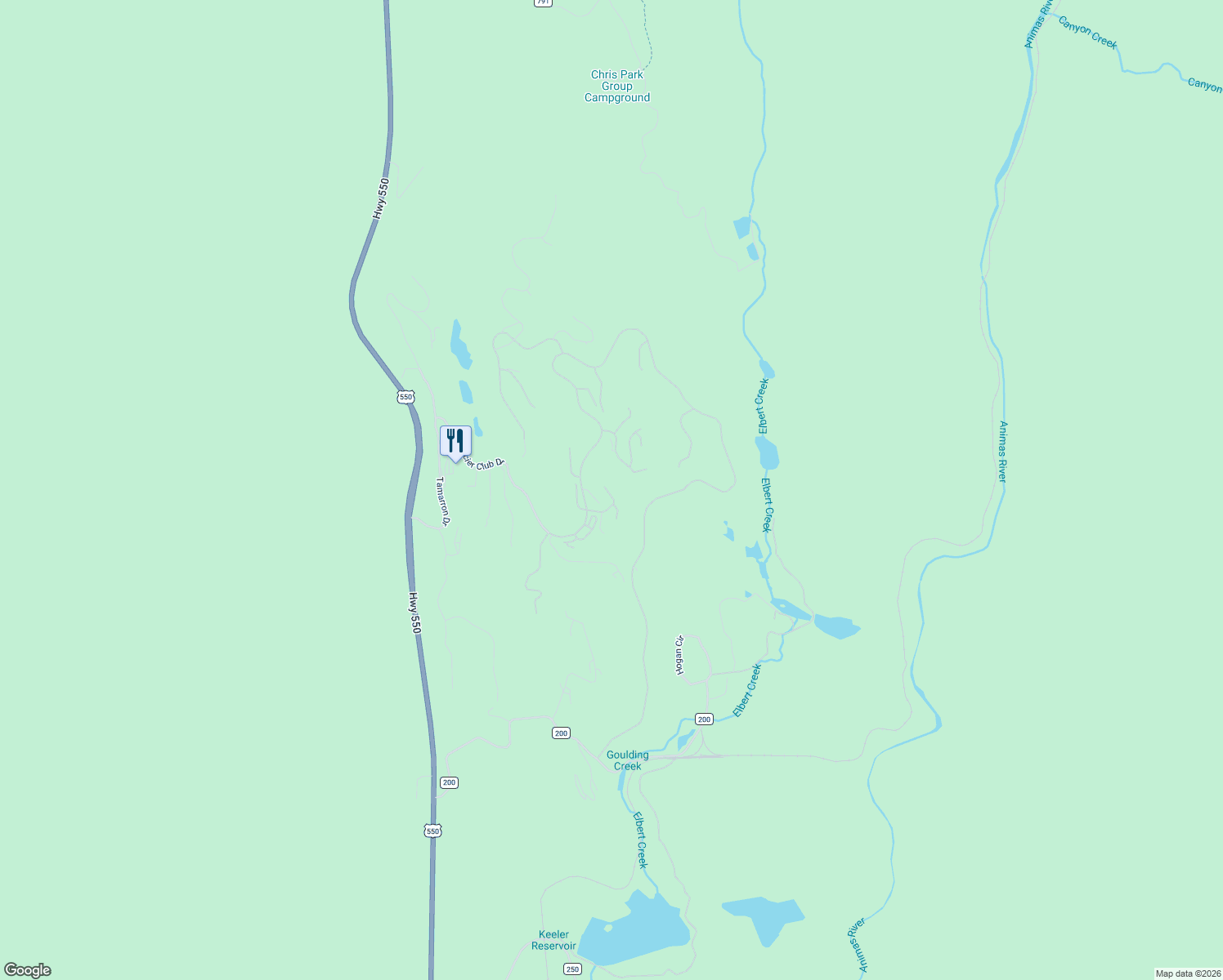 map of restaurants, bars, coffee shops, grocery stores, and more near 84 Glacier Club Trail in Durango