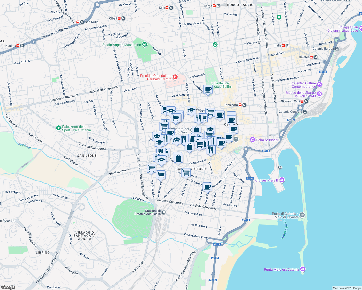 map of restaurants, bars, coffee shops, grocery stores, and more near 439 Via Vittorio Emanuele II in Catania
