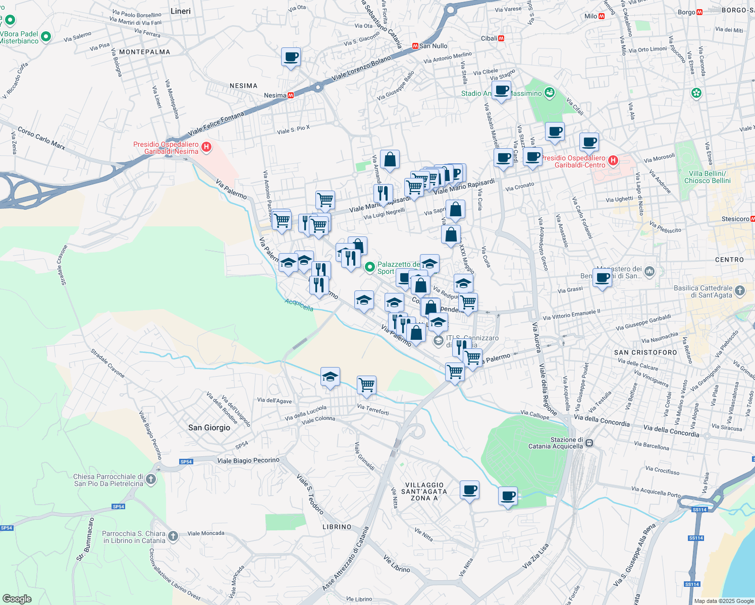 map of restaurants, bars, coffee shops, grocery stores, and more near 21 Via Carlo Pisacane in Catania