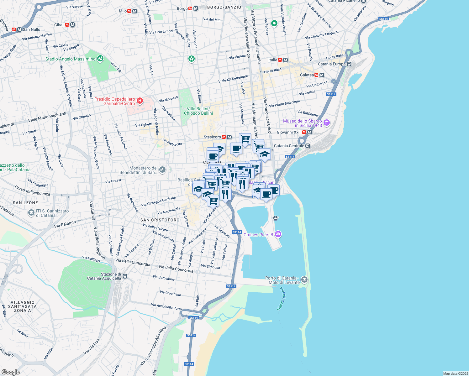 map of restaurants, bars, coffee shops, grocery stores, and more near 1 Via Cardinale Dusmet in Catania