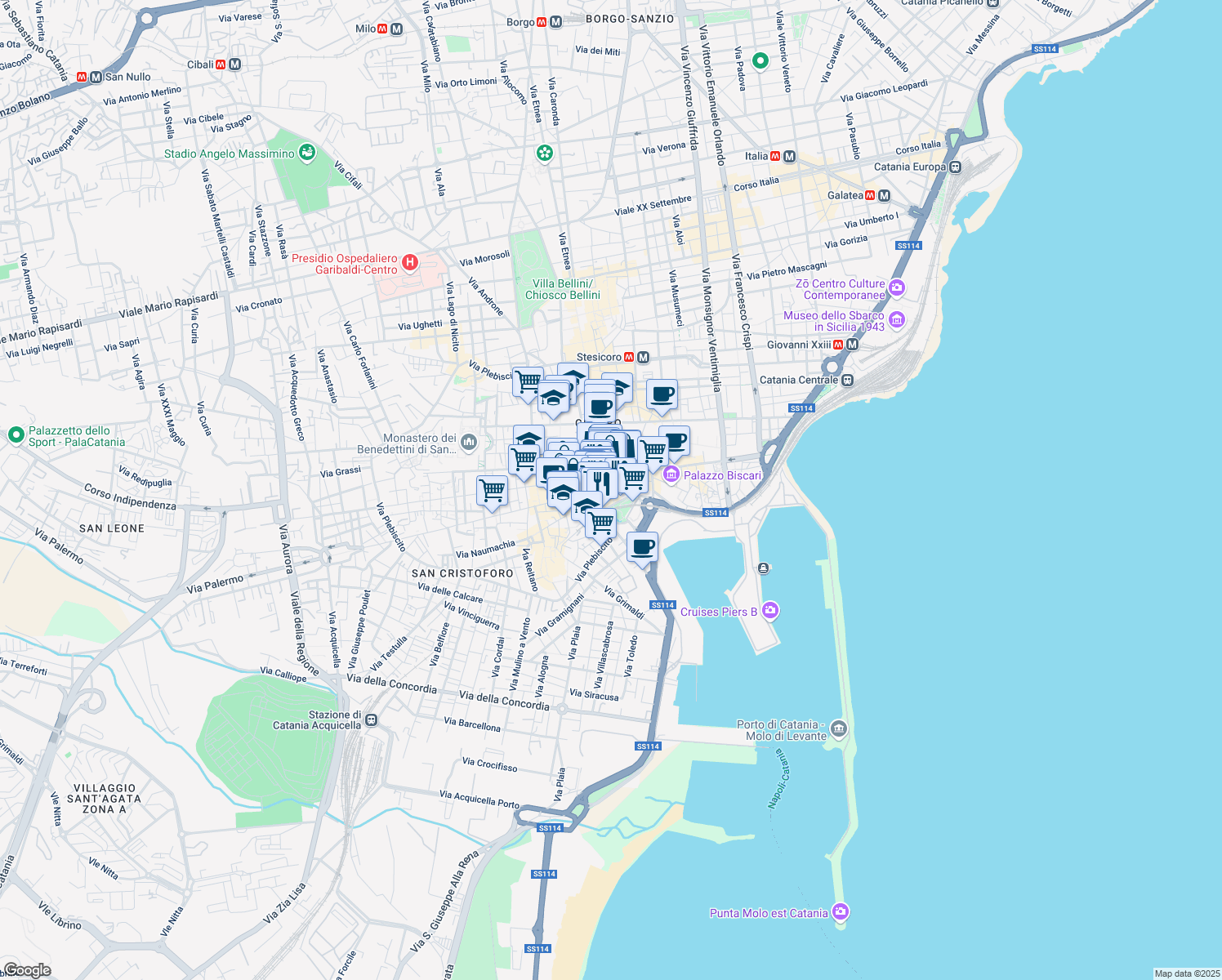 map of restaurants, bars, coffee shops, grocery stores, and more near 7 Piazza del Duomo in Catania