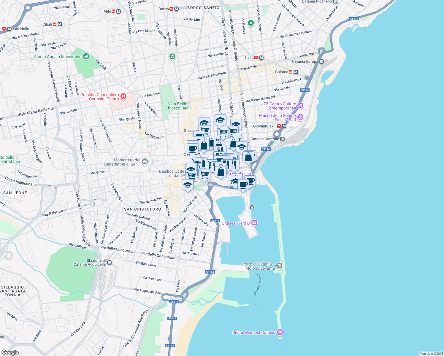 map of restaurants, bars, coffee shops, grocery stores, and more near 9-11 Via Landolina in Catania