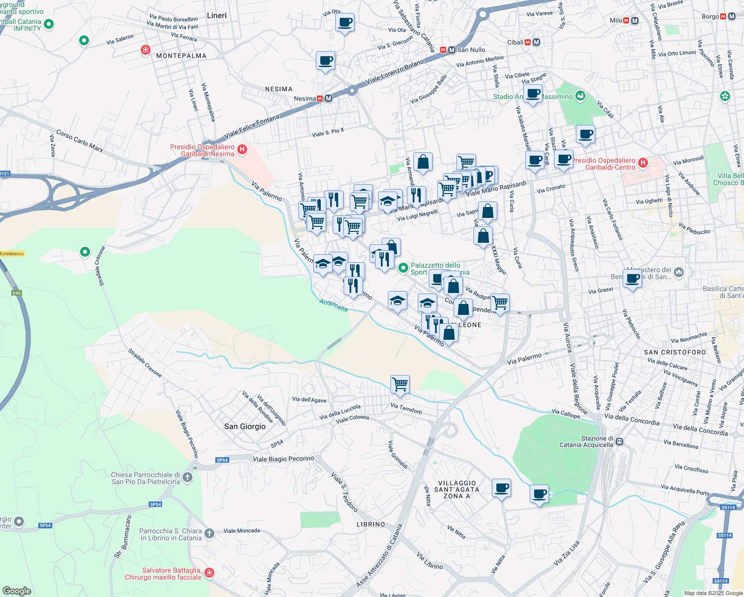 map of restaurants, bars, coffee shops, grocery stores, and more near 442 Via Palermo in Catania