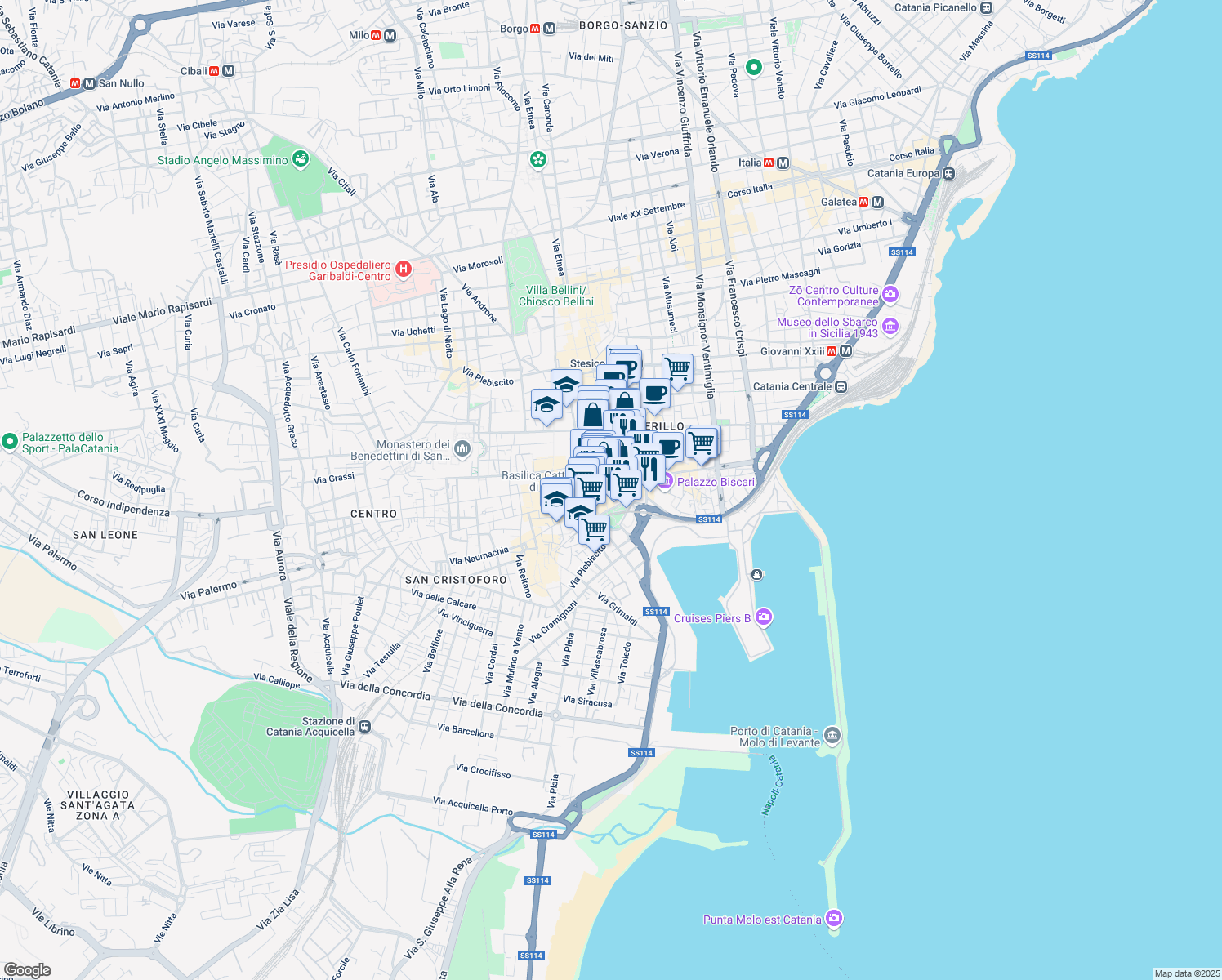 map of restaurants, bars, coffee shops, grocery stores, and more near 21 Via della Loggetta in Catania