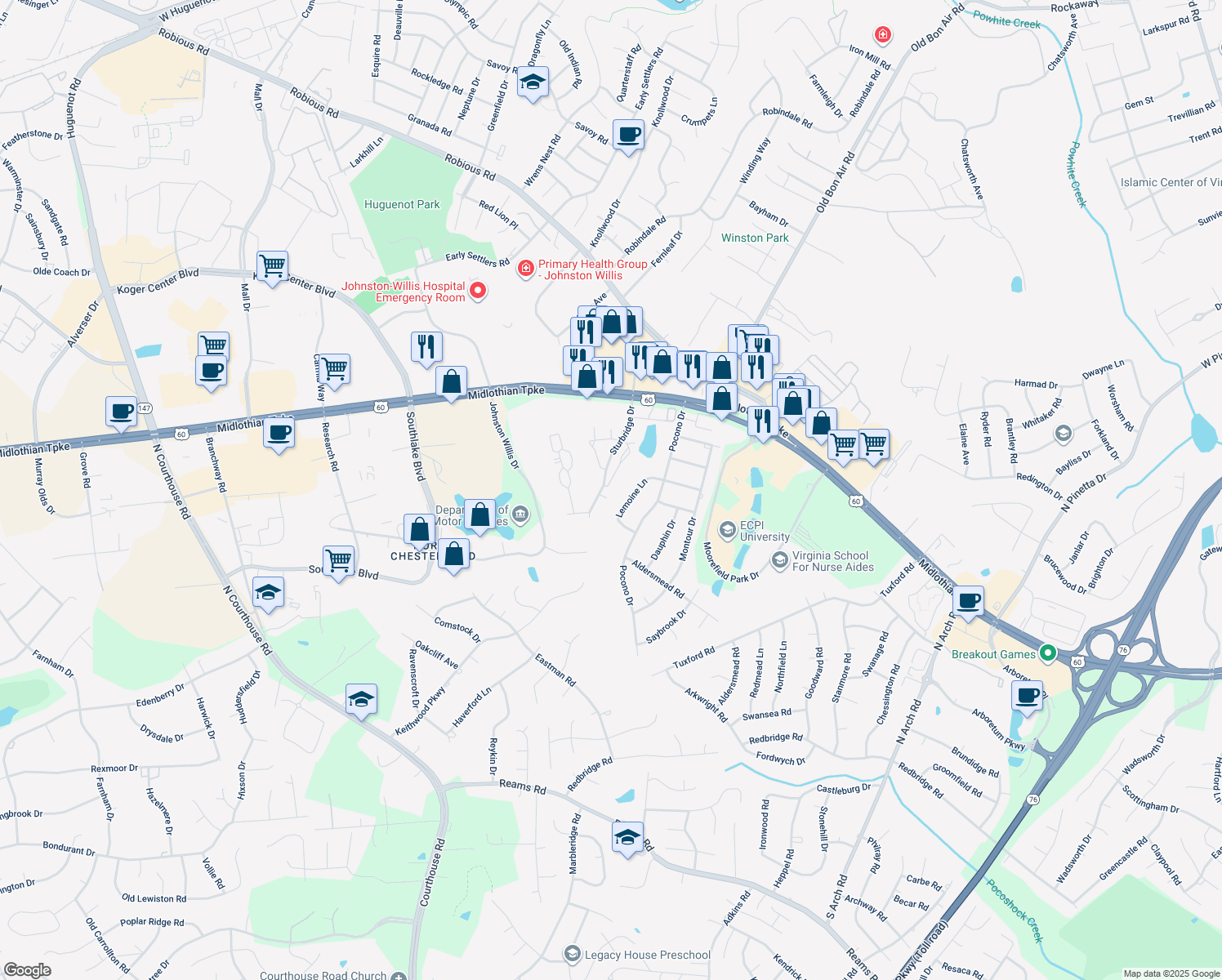 map of restaurants, bars, coffee shops, grocery stores, and more near 701 Sturgis Drive in Richmond