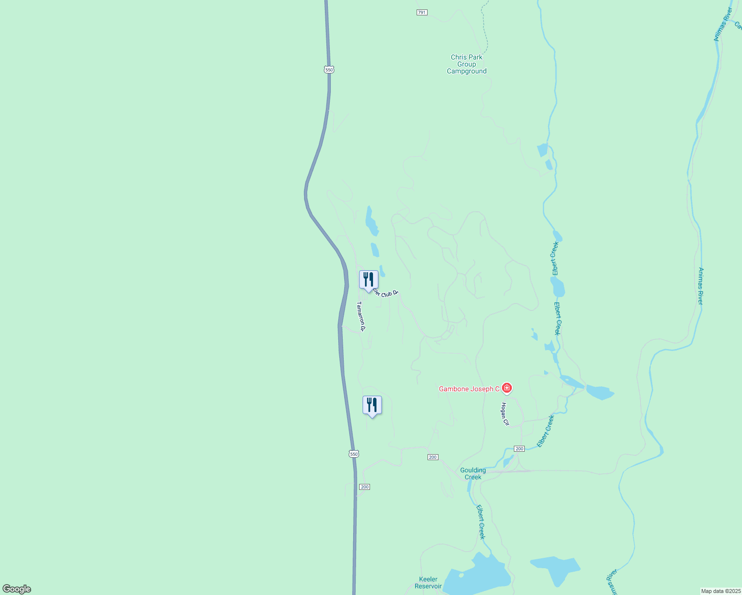 map of restaurants, bars, coffee shops, grocery stores, and more near 40292 Highway 550 in Durango