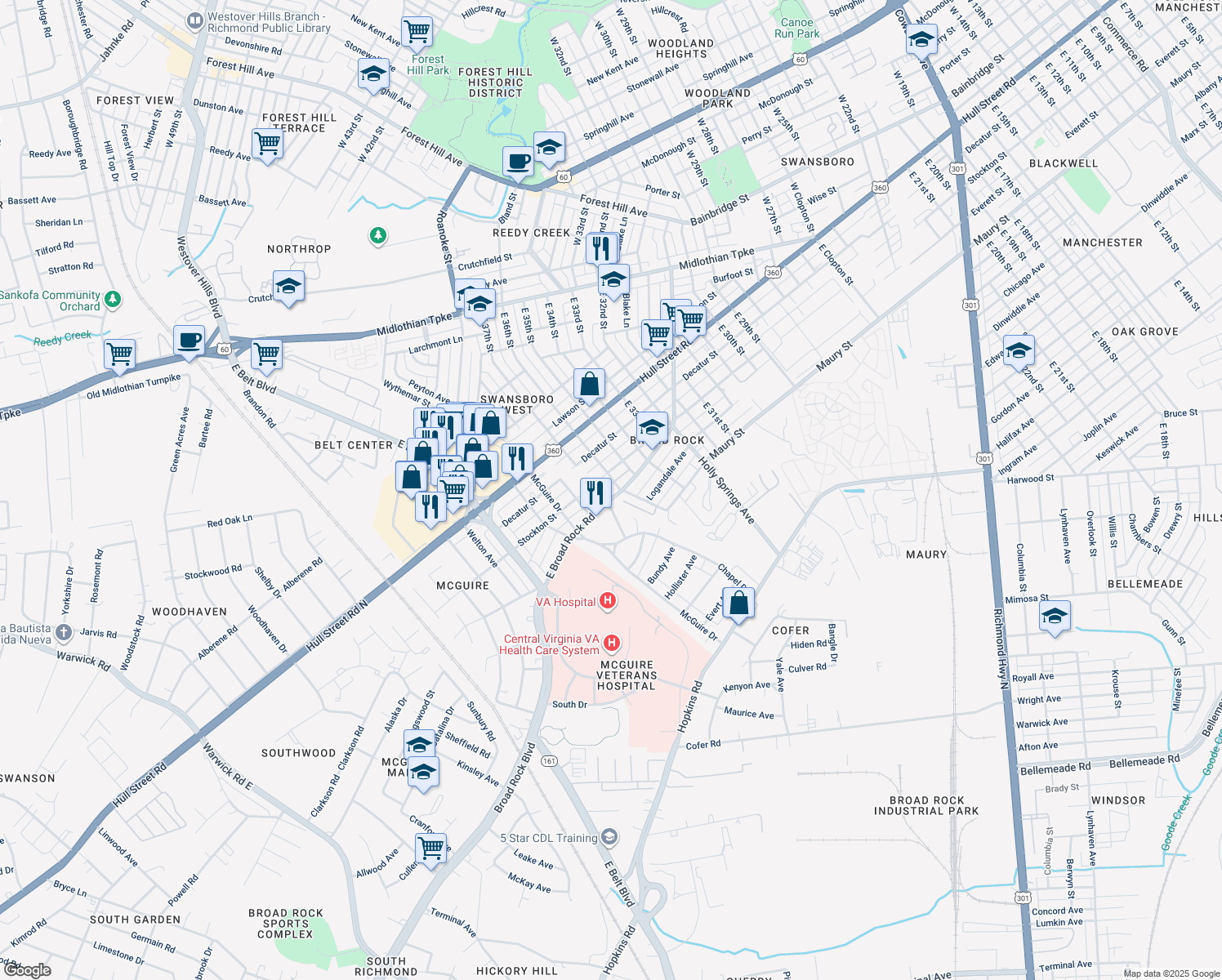 map of restaurants, bars, coffee shops, grocery stores, and more near 3601 East Broad Rock Road in Richmond