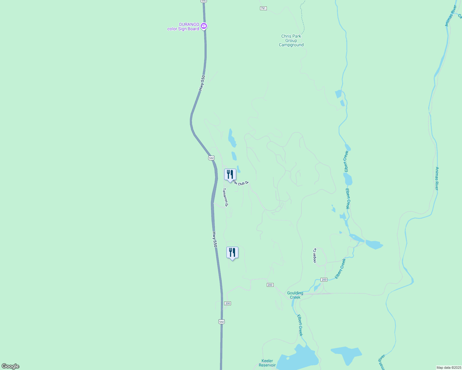 map of restaurants, bars, coffee shops, grocery stores, and more near 40292 Highway 550 in Durango