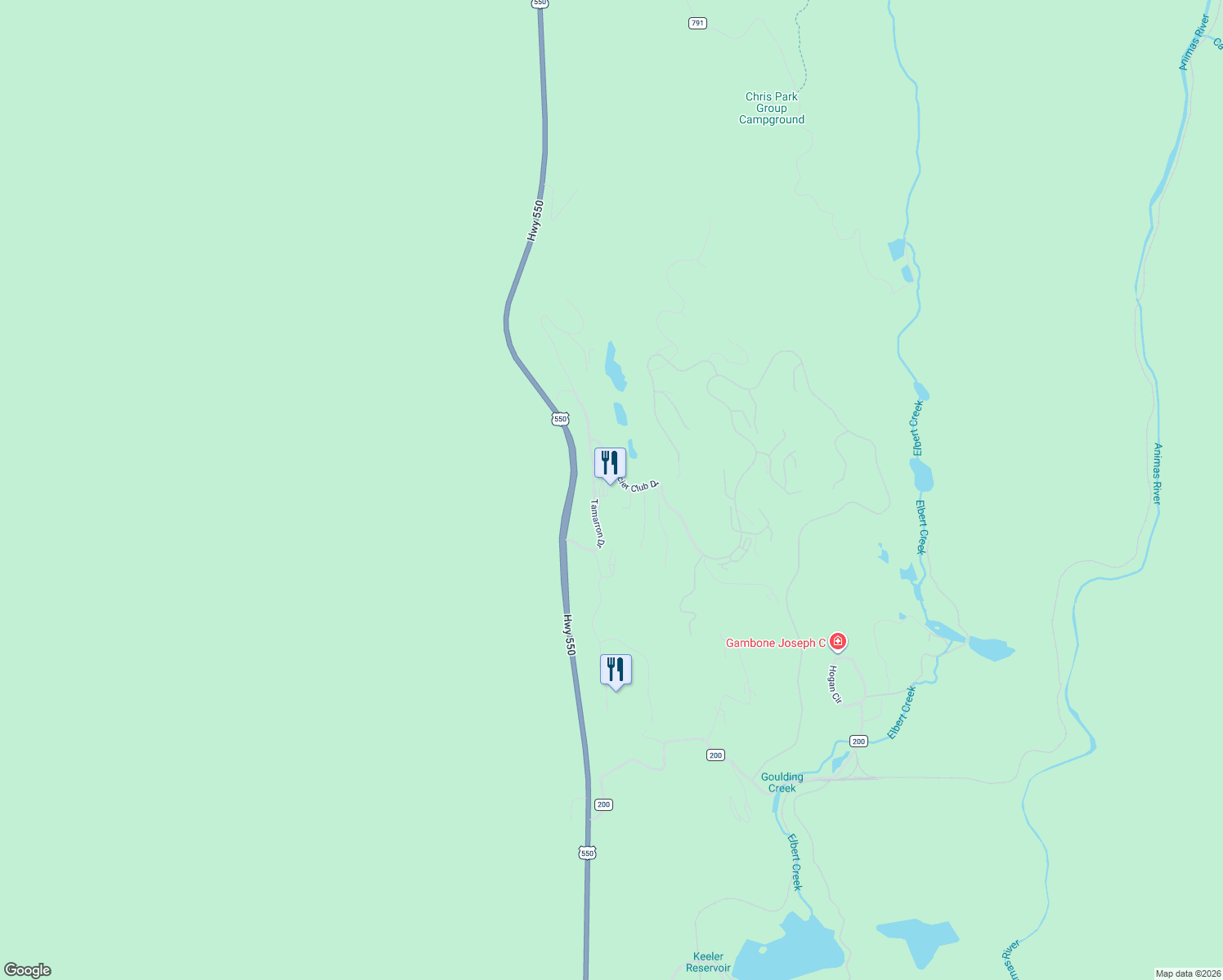 map of restaurants, bars, coffee shops, grocery stores, and more near 40292 Highway 550 in Durango