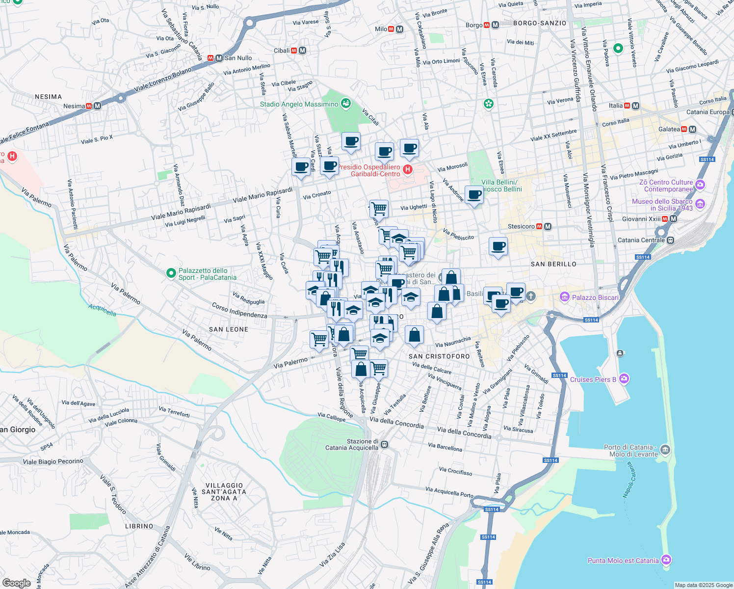 map of restaurants, bars, coffee shops, grocery stores, and more near 26 Via Grassi in Catania