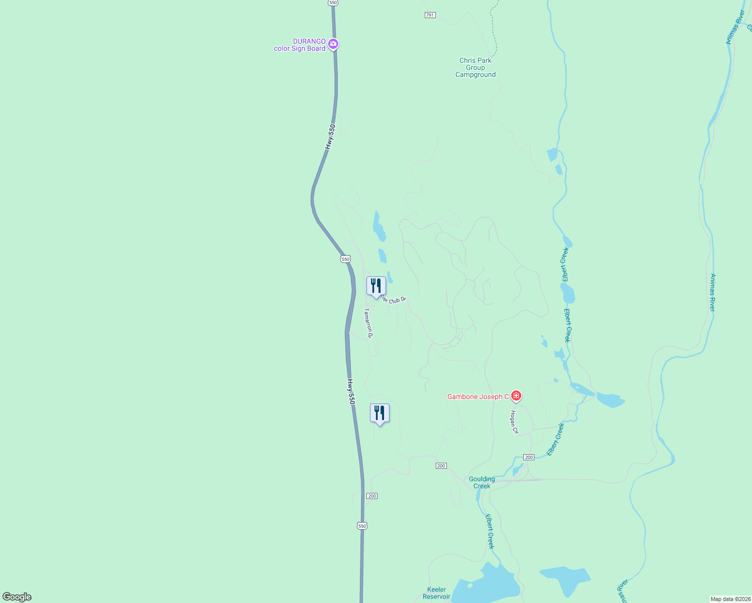 map of restaurants, bars, coffee shops, grocery stores, and more near 40292 Highway 550 in Durango