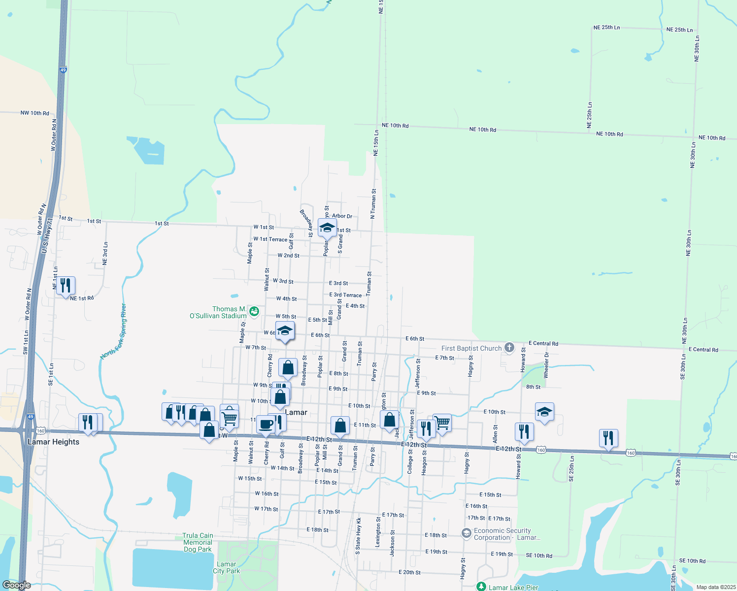 map of restaurants, bars, coffee shops, grocery stores, and more near 499 E 3rd Terrace in Lamar