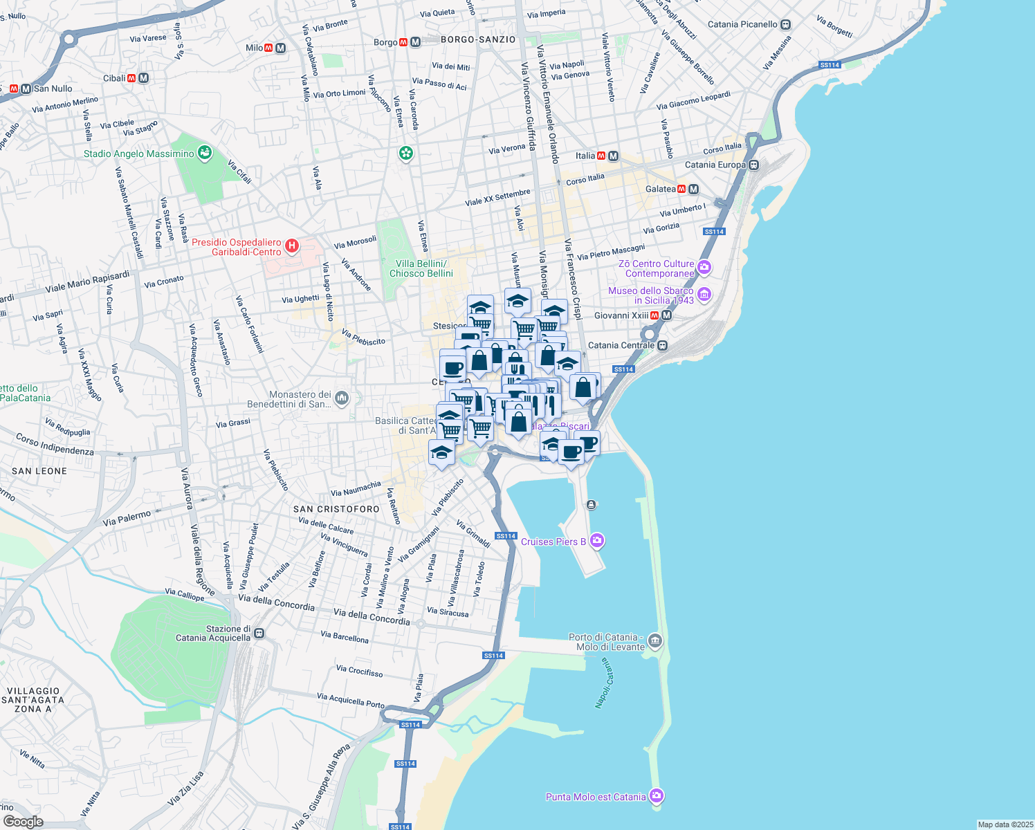 map of restaurants, bars, coffee shops, grocery stores, and more near 11 Via Landolina in Catania