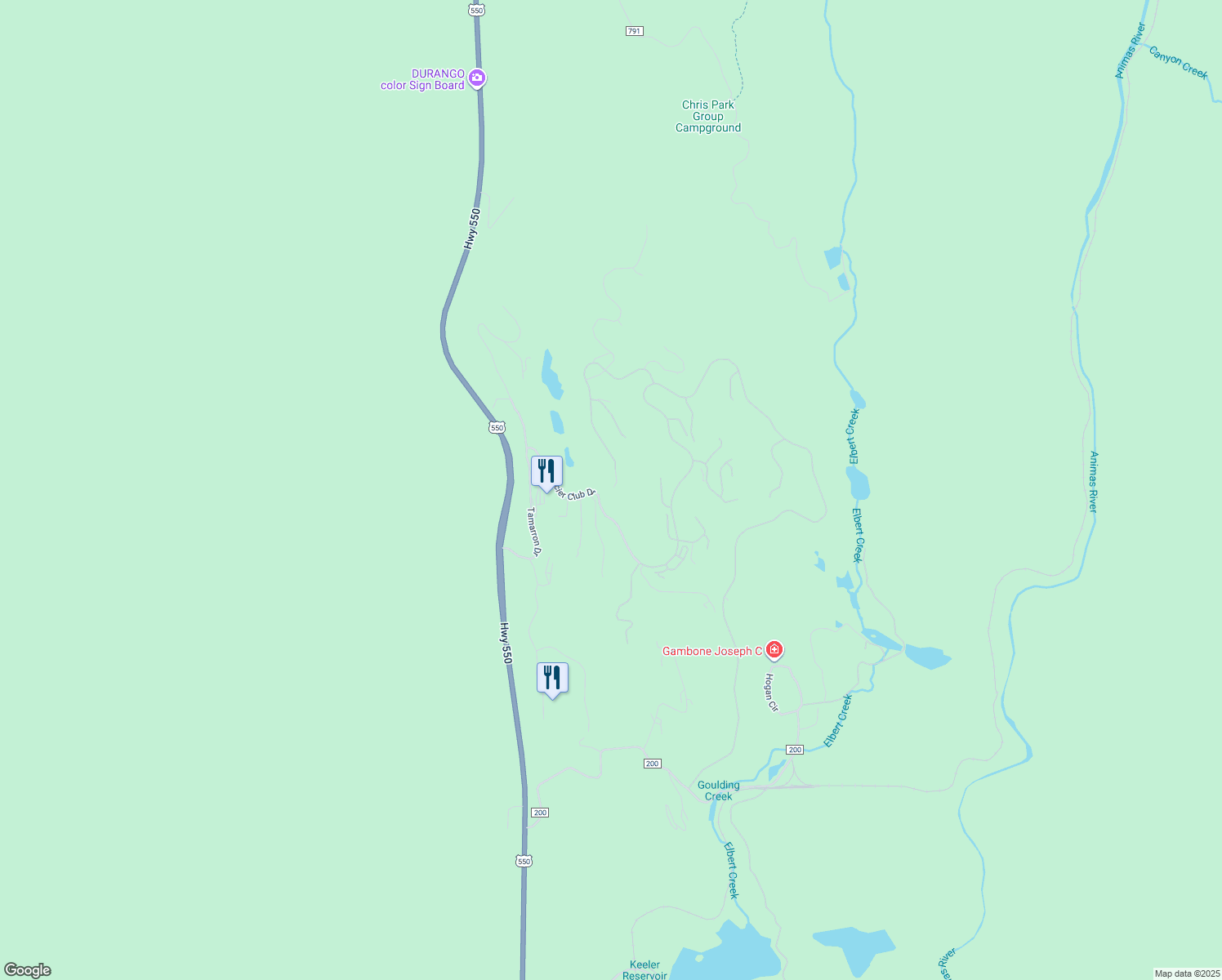 map of restaurants, bars, coffee shops, grocery stores, and more near 598 Glacier Club Drive in Durango