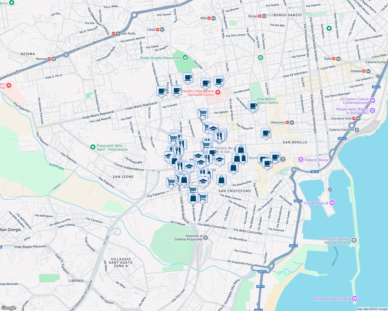 map of restaurants, bars, coffee shops, grocery stores, and more near 26 Via Grassi in Catania