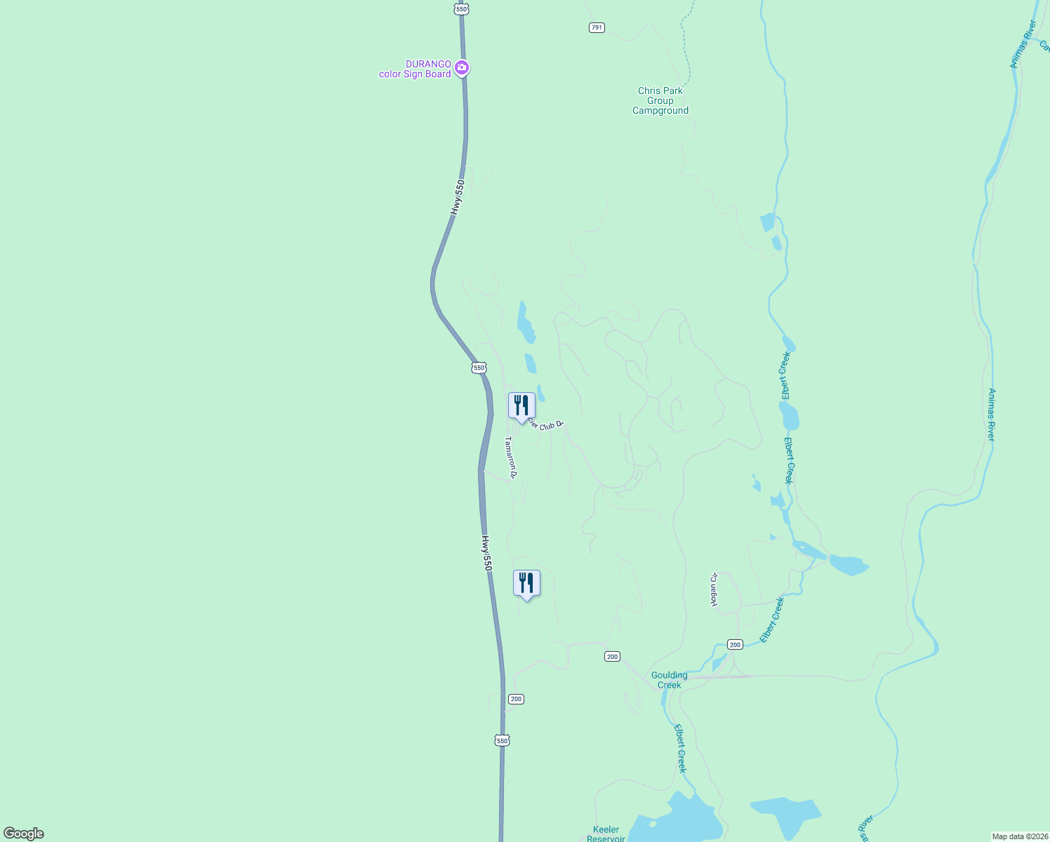 map of restaurants, bars, coffee shops, grocery stores, and more near 40292 Highway 550 in Durango