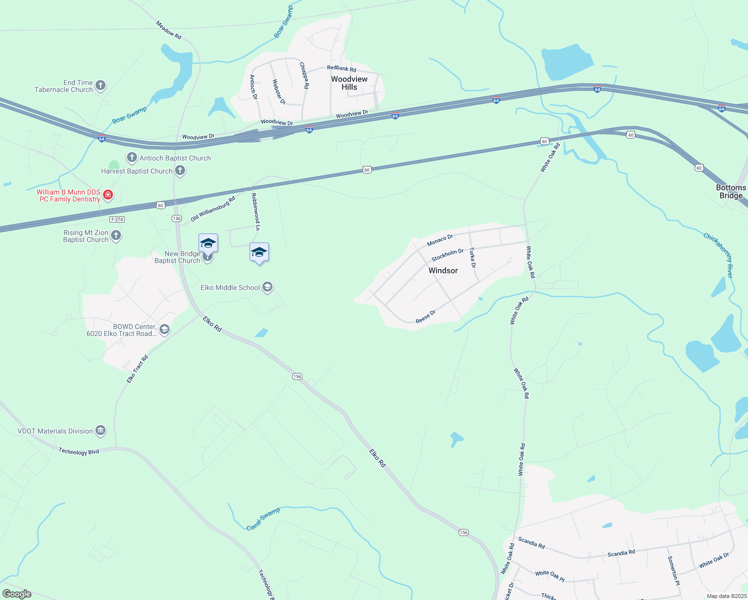 map of restaurants, bars, coffee shops, grocery stores, and more near 4503 Monaco Drive in Sandston