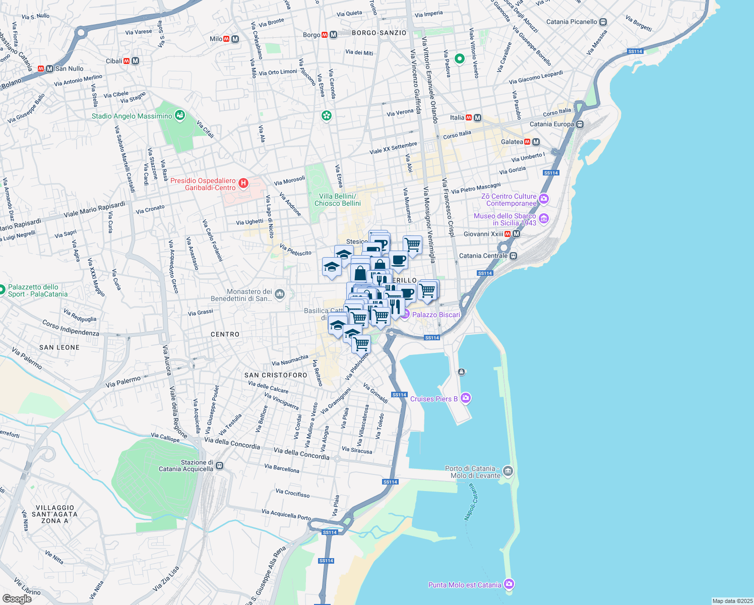 map of restaurants, bars, coffee shops, grocery stores, and more near 21 Via della Loggetta in Catania