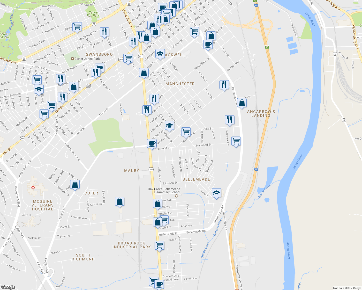 map of restaurants, bars, coffee shops, grocery stores, and more near 2210 Keswick Avenue in Richmond