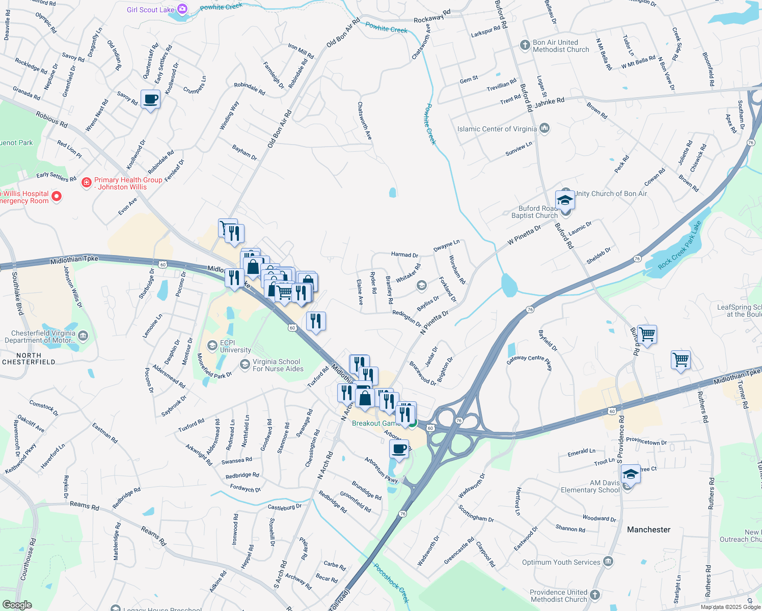 map of restaurants, bars, coffee shops, grocery stores, and more near 809 Ryder Road in Richmond